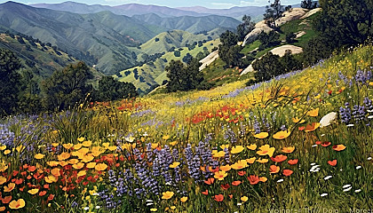 A hillside speckled with the vibrant colors of wildflowers.