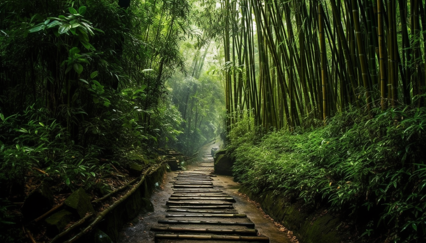 A rugged path winding through a dense bamboo forest.