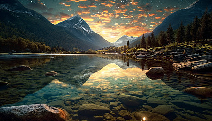 Stars reflected in a placid alpine lake.