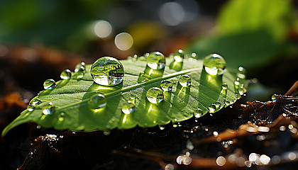 Extreme close-up of a dew drop on a leaf, reflecting the world upside down.
