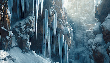 A cluster of icicles hanging from a snowy cliff.