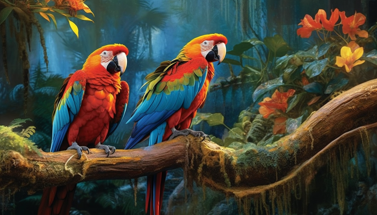 Brightly colored macaws perched on a jungle branch.