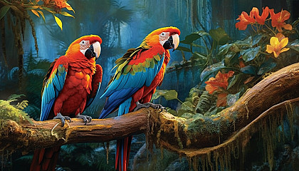 Brightly colored macaws perched on a jungle branch.