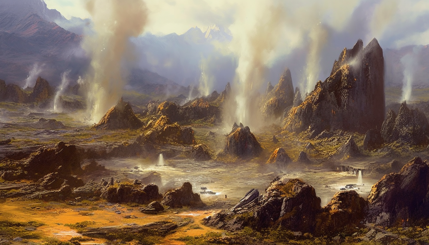 Geysers erupting amidst rugged terrain.