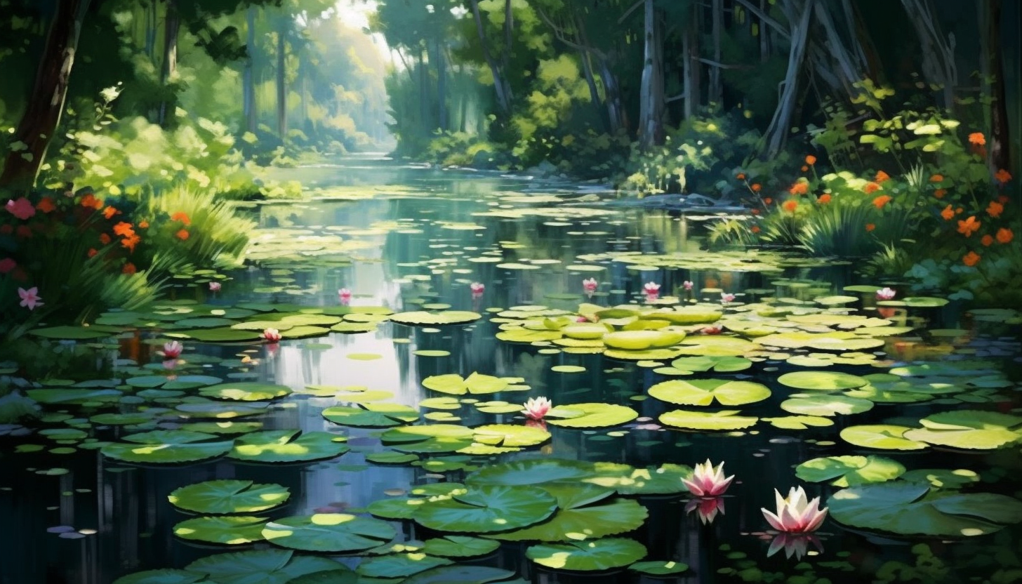 A tranquil pond filled with blooming water lilies.