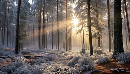 A frosty morning in a silent pine forest.