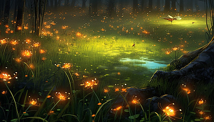 A field of fireflies lighting up a warm summer night.