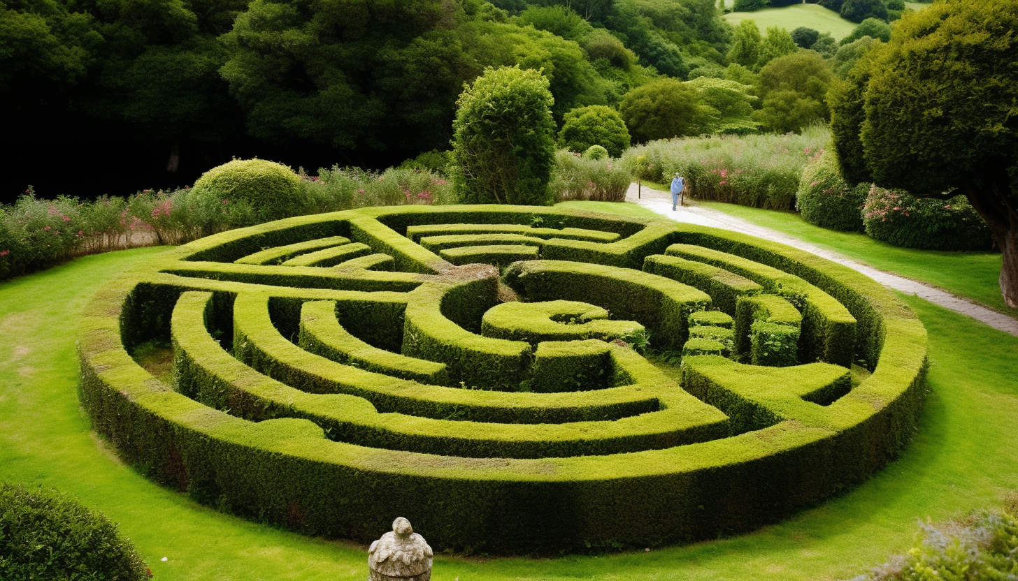 A labyrinthine hedge maze in a serene garden.