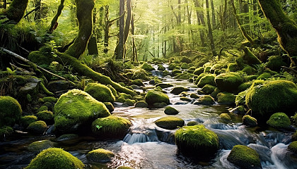 Bubbling brooks meandering through a mossy forest.