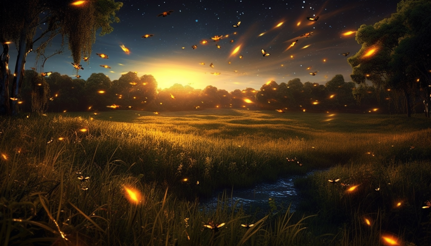 A field of fireflies lighting up the dusk.