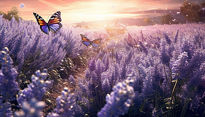Fluttering butterflies over a field of blooming lavender.