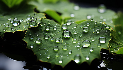 Dewdrops magnifying the intricate patterns on a leaf.