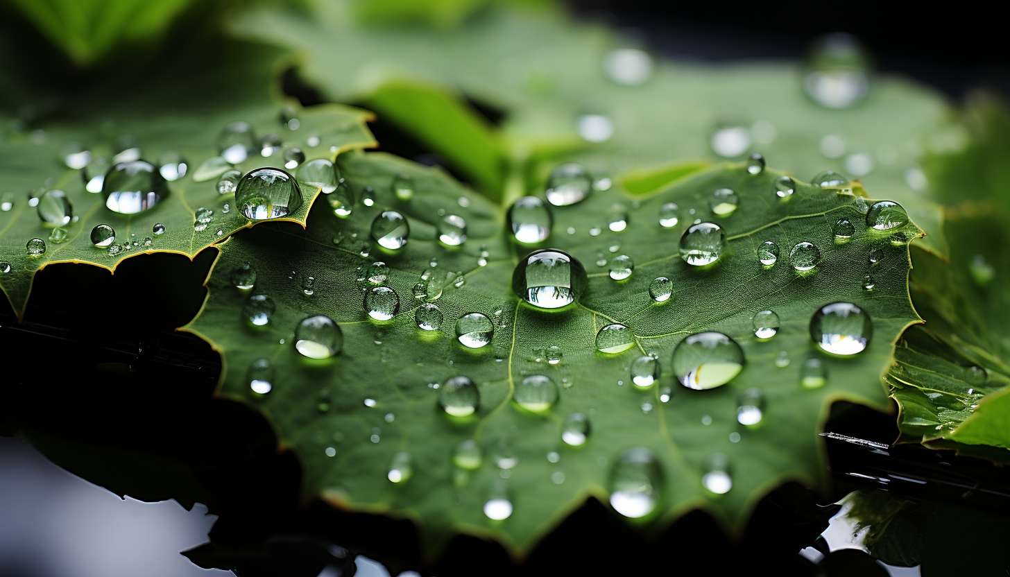 Dewdrops magnifying the intricate patterns on a leaf.