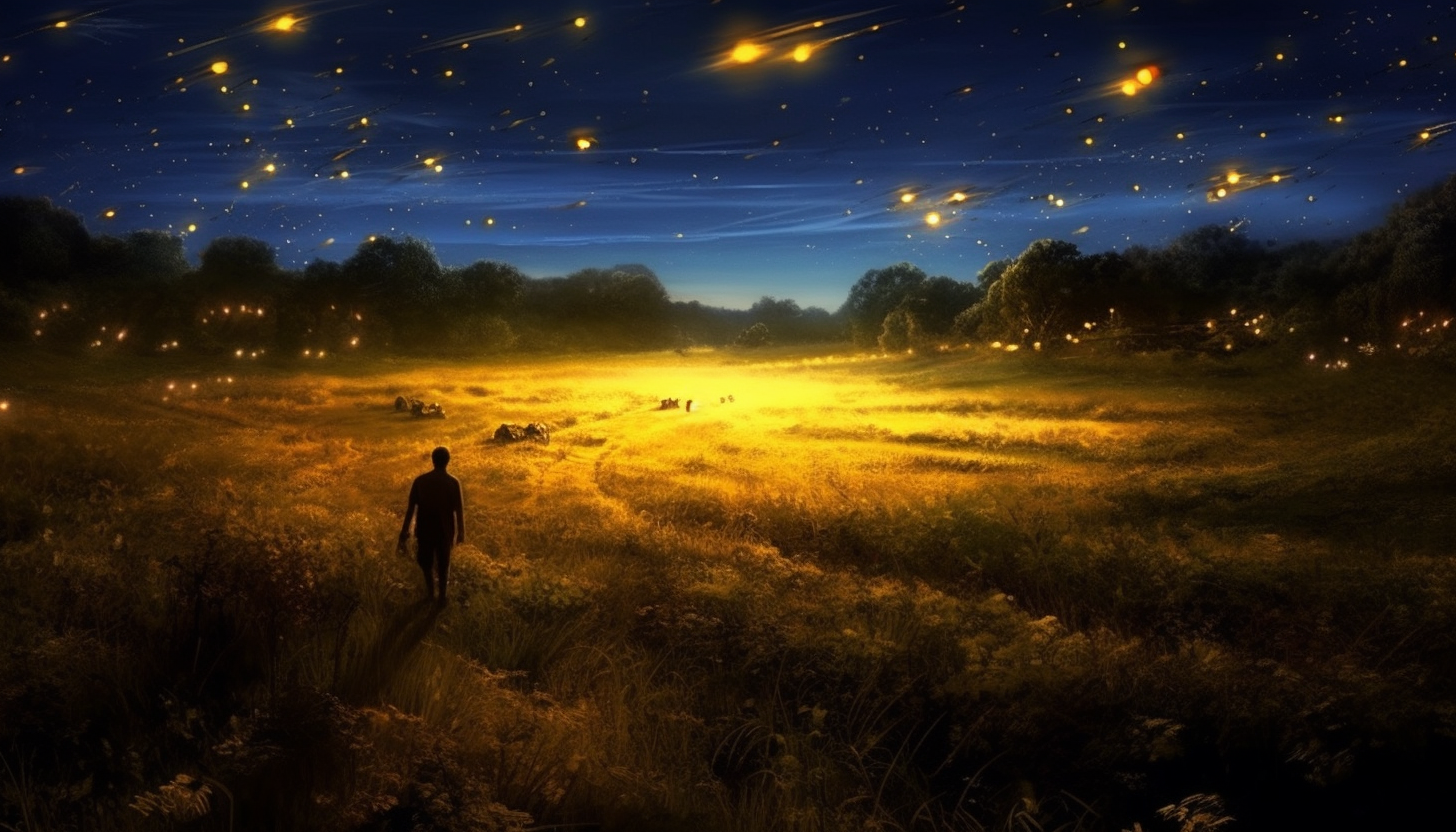 A field of fireflies lighting up a warm summer night.