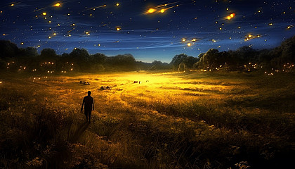 A field of fireflies lighting up a warm summer night.