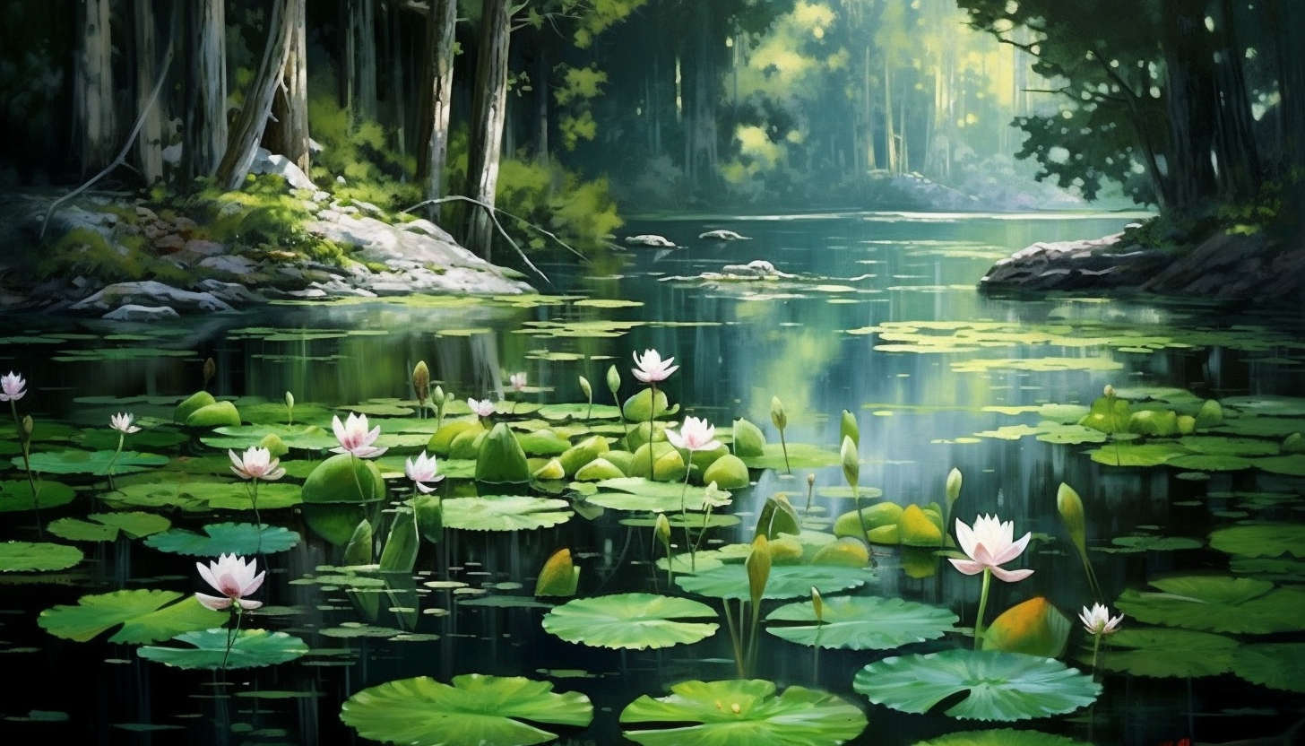 A secluded pond covered in vibrant water lilies.