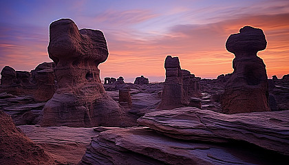 Unusual rock formations silhouetted against a twilight sky.