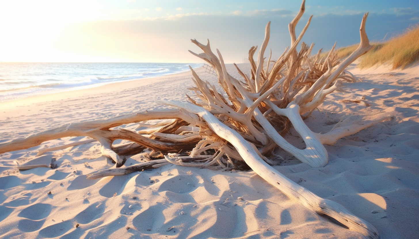 Sun-bleached driftwood scattered on a sandy beach.