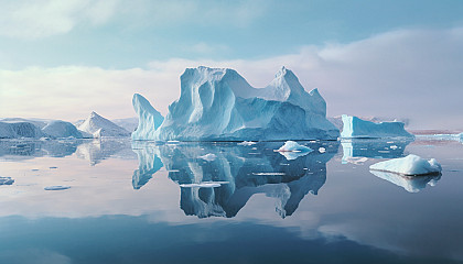 Icebergs drifting in the cool blue ocean.