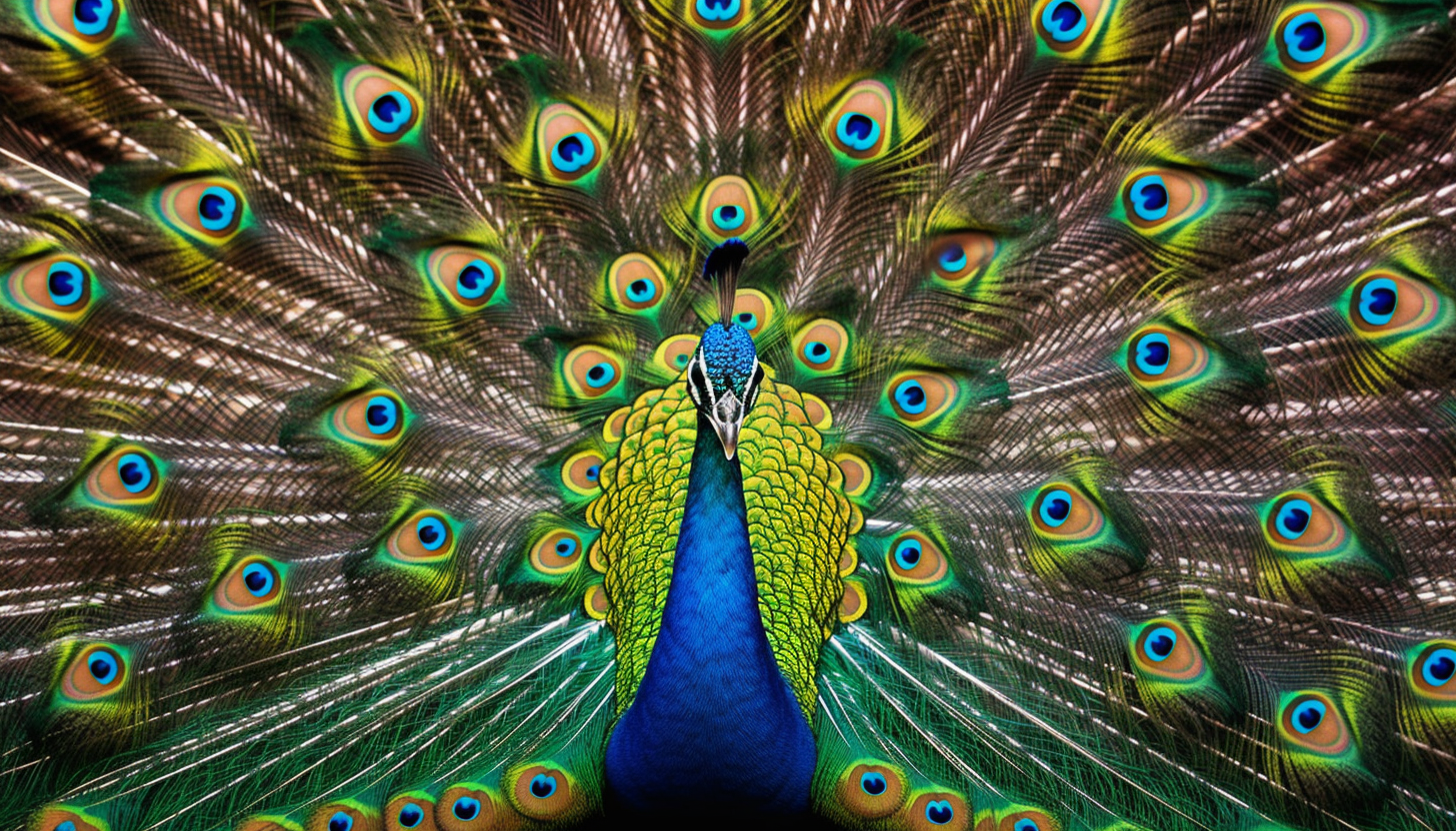 Vibrant peacock feathers displayed in a courtship dance.