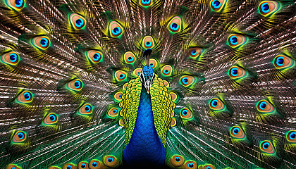 Vibrant peacock feathers displayed in a courtship dance.