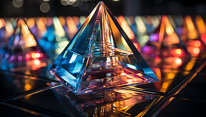 Close-up image of light refracting through a prism, creating a spectrum of colors.