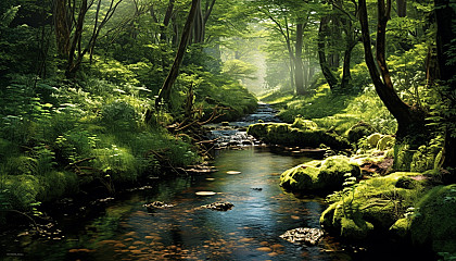 A gently bubbling brook winding its way through a peaceful glade.