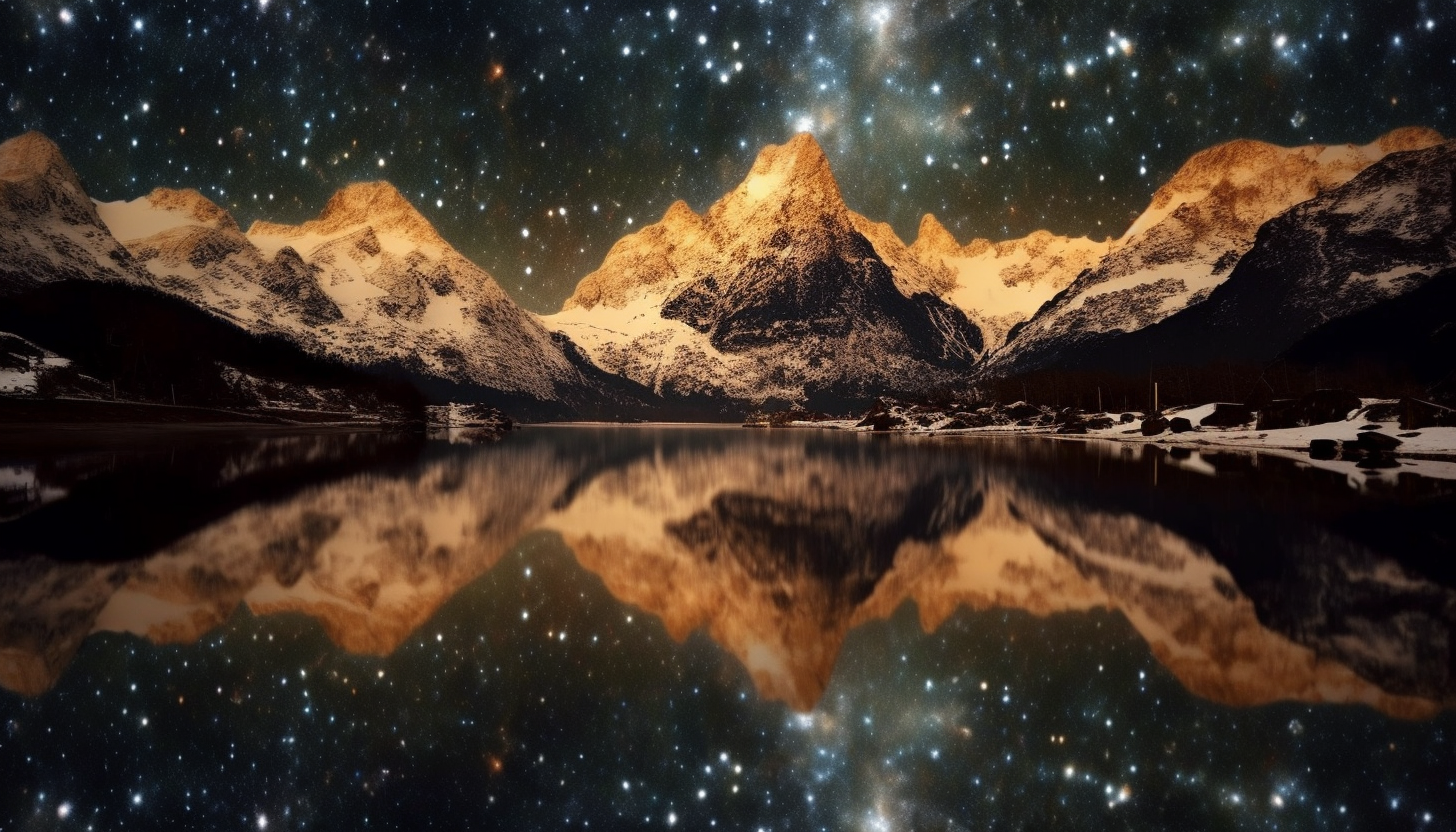 A constellation mirrored in a still mountain lake.