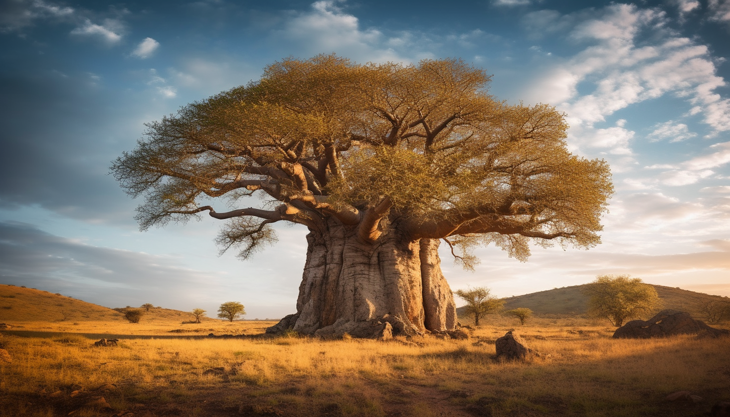 An ancient baobab tree standing alone in the savannah.