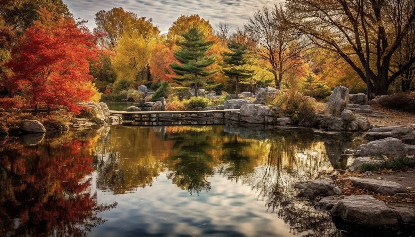 A serene pond, reflecting the vibrant autumn foliage.