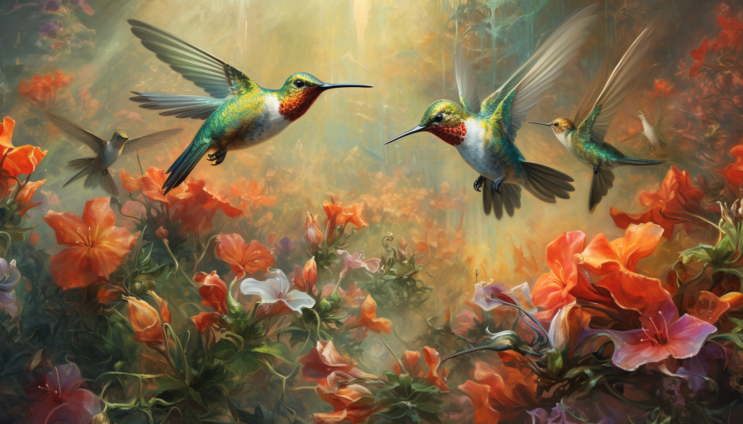 Hummingbirds darting around a colorful garden.