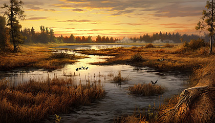 A quiet marshland, home to diverse wildlife.