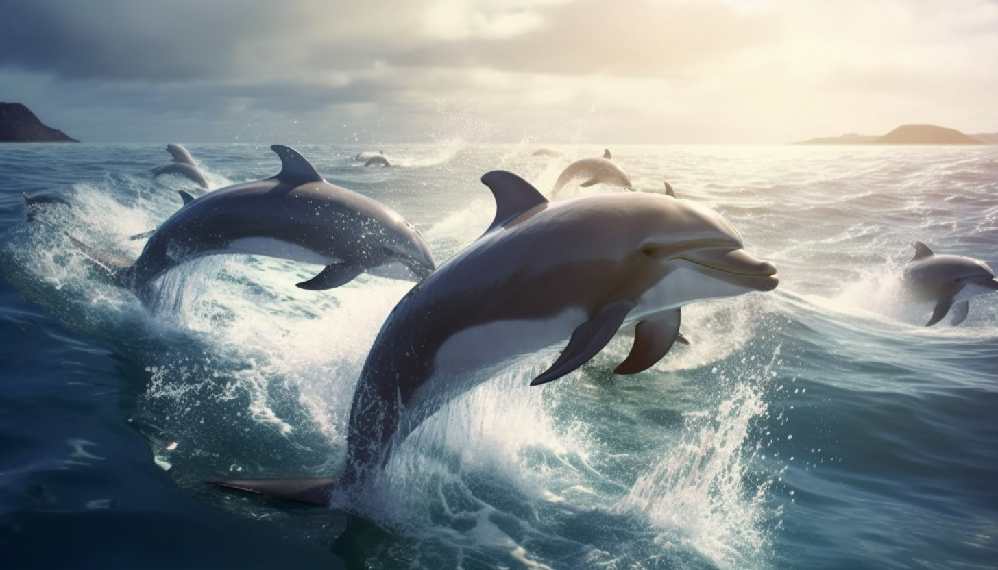 A pod of dolphins leaping in synchrony in the open ocean.