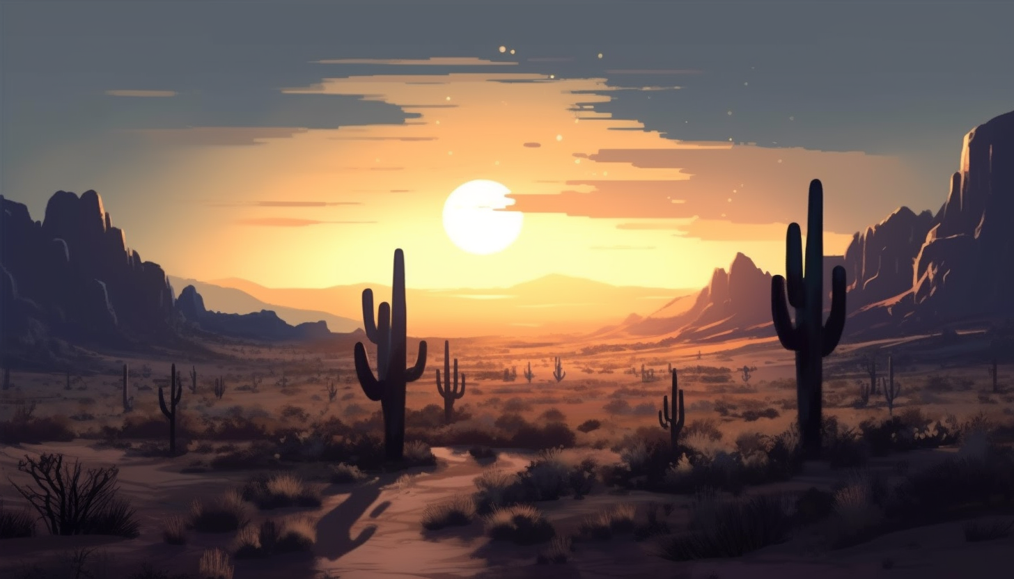 A desert scene under the moonlight, with cacti casting long shadows.