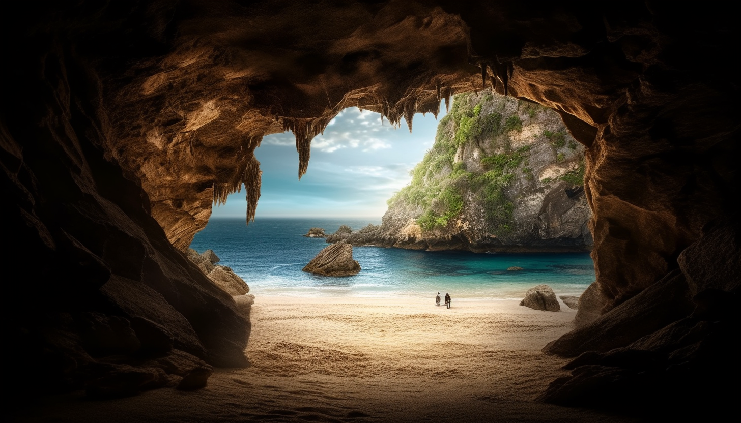 A view from inside a cavern, looking out onto a hidden beach.