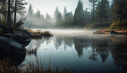 Serene, mist-covered lakes reflecting the surrounding landscape.