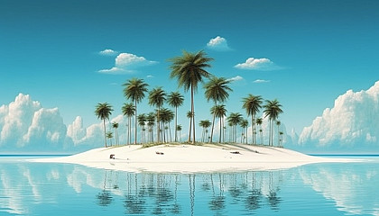 An island of palms surrounded by endless white sand.