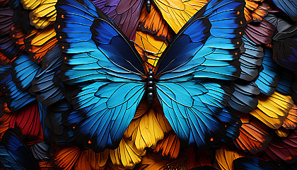 Patterns and textures of a brightly colored butterfly's wings.