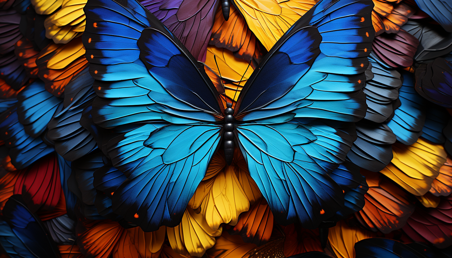 Patterns and textures of a brightly colored butterfly's wings.