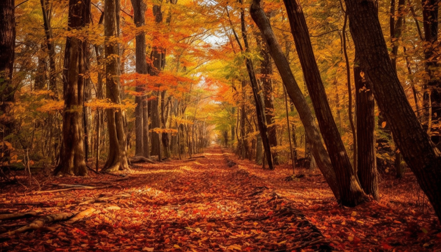 Vibrant autumn leaves carpeting a secluded forest trail.