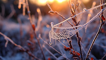 Glittering frost covering delicate spiderwebs on a cold morning.