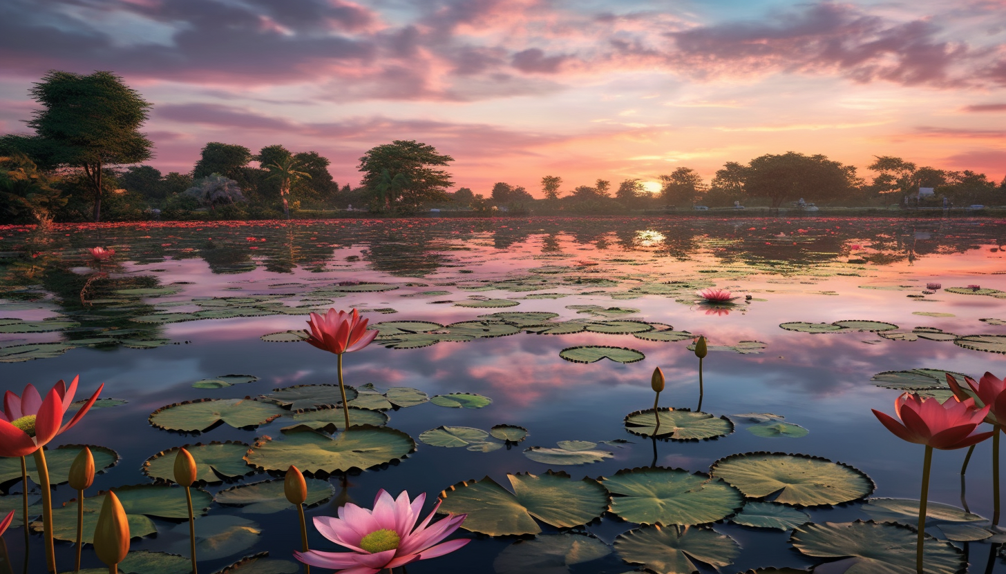 A tranquil lotus pond reflecting the colors of a summer sunset.