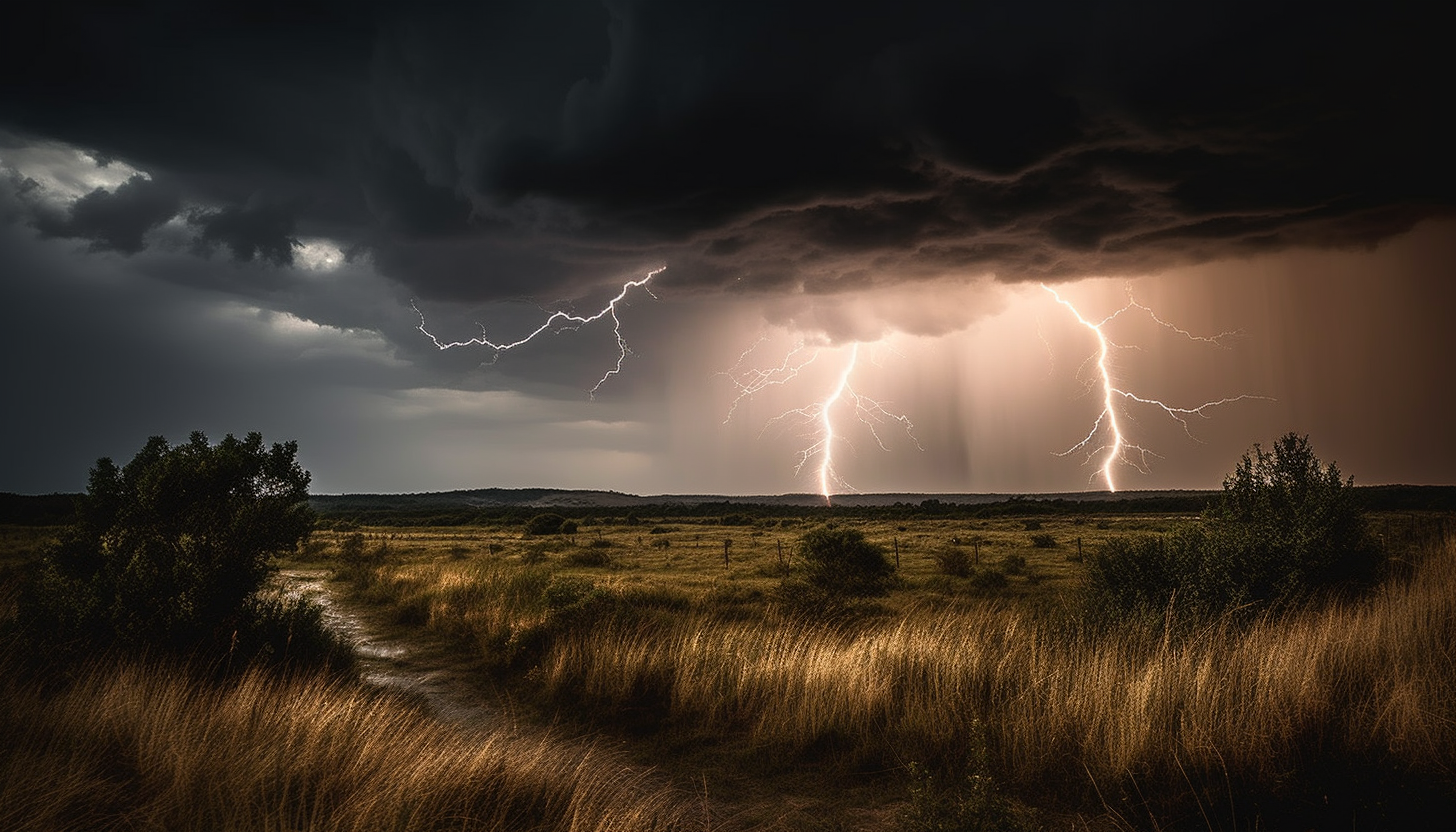 Stormy skies capturing the raw power of nature, with lightning strikes and swirling clouds.