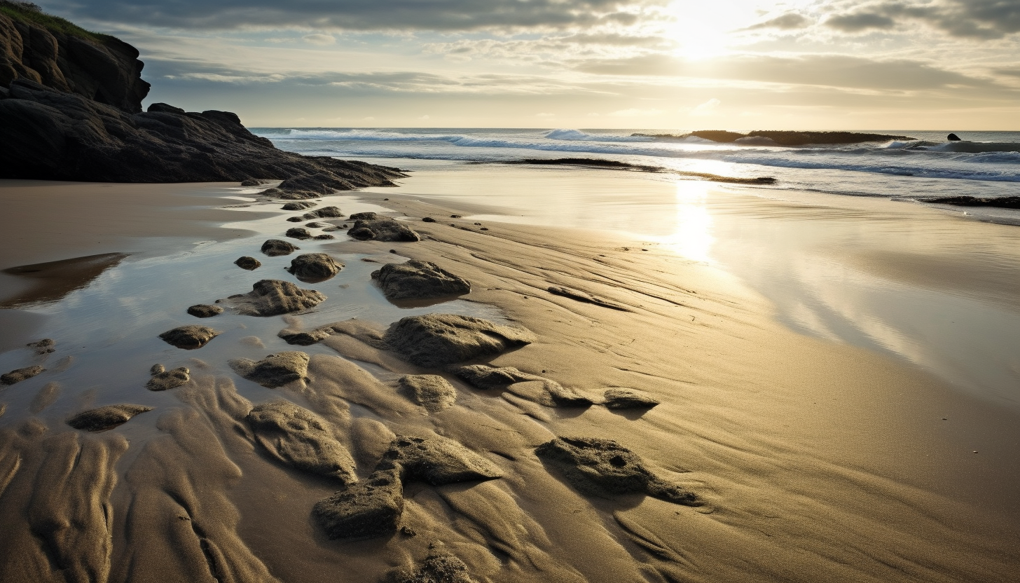 Tide receding to reveal an expansive, sandy beach.