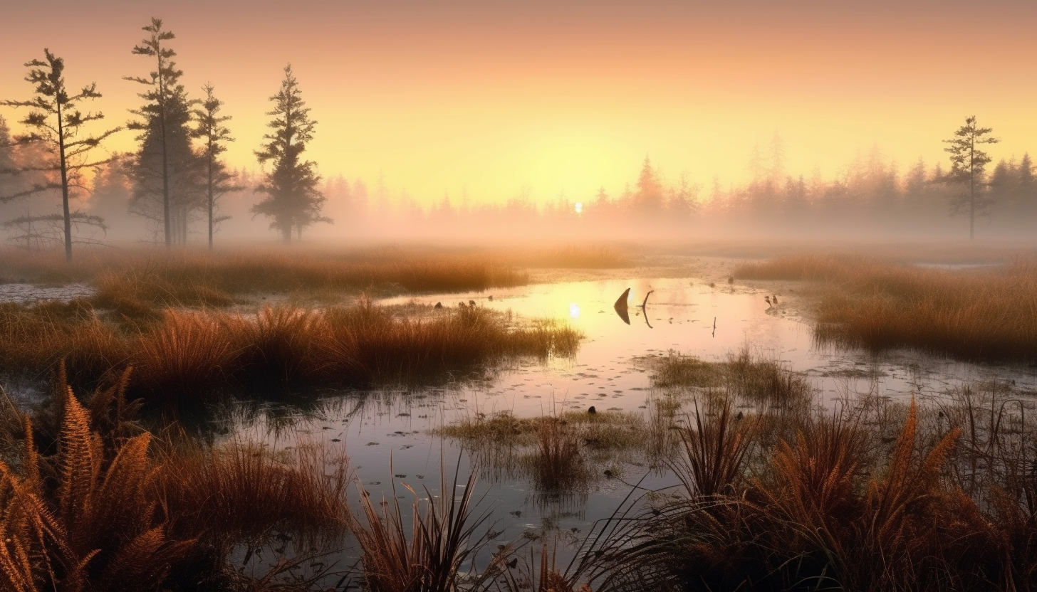 A misty marshland at dawn, filled with sounds of awakening wildlife.