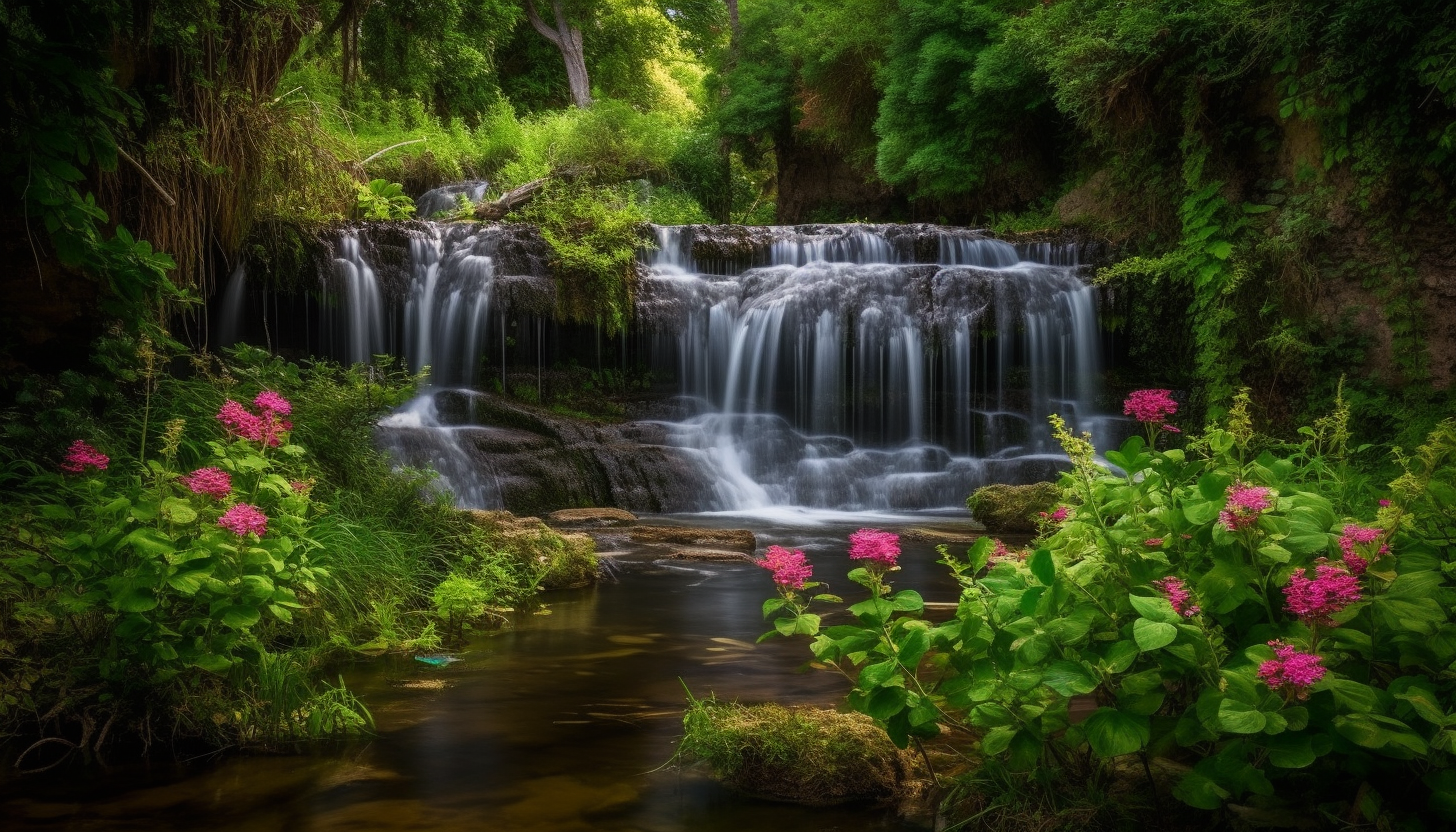 Serene waterfalls surrounded by lush vegetation and vibrant flowers.