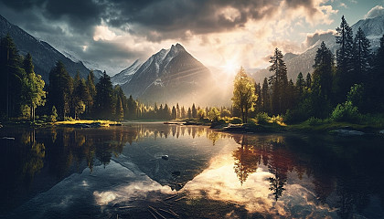 Sunlight reflecting off a placid mountain lake.