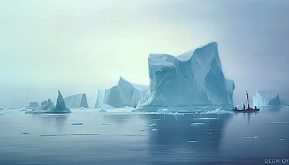 Iceberg flotilla in a frosty sea.