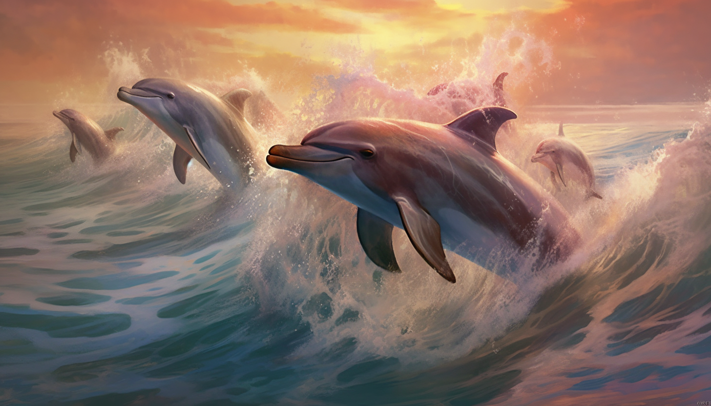 A family of dolphins leaping in unison across ocean waves.