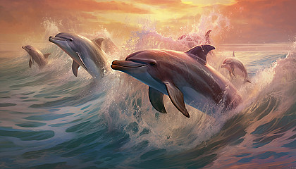 A family of dolphins leaping in unison across ocean waves.